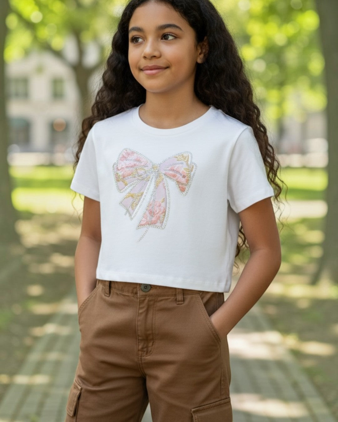 Young girl wearing a white t-shirt with a colorful bow design and brown pants standing in a park.