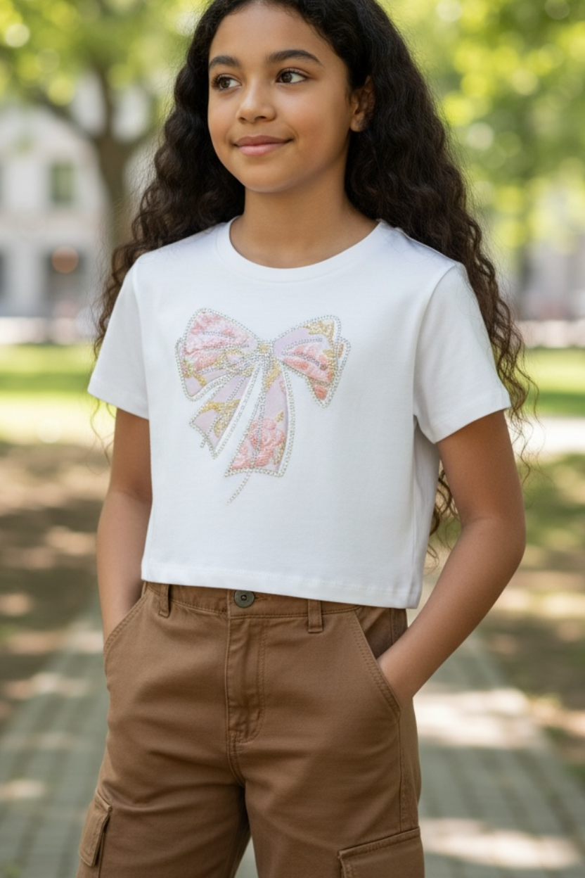 Young girl wearing a white t-shirt with a colorful bow design and brown pants standing in a park.