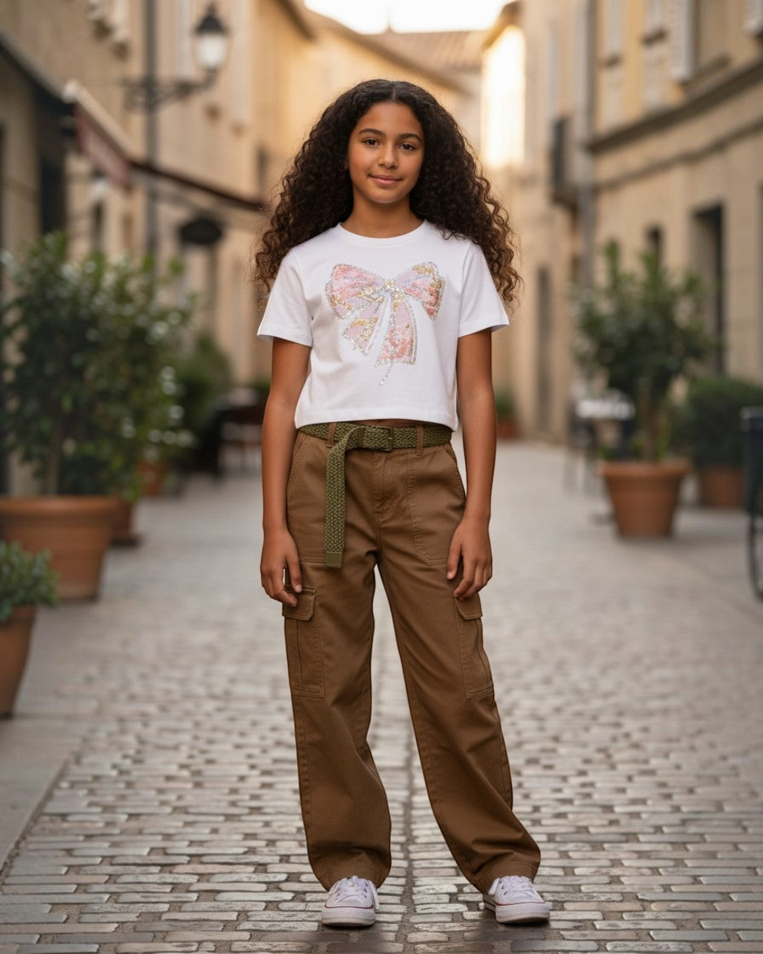 Crop Tee w/ Bow Patch & Rhinestone