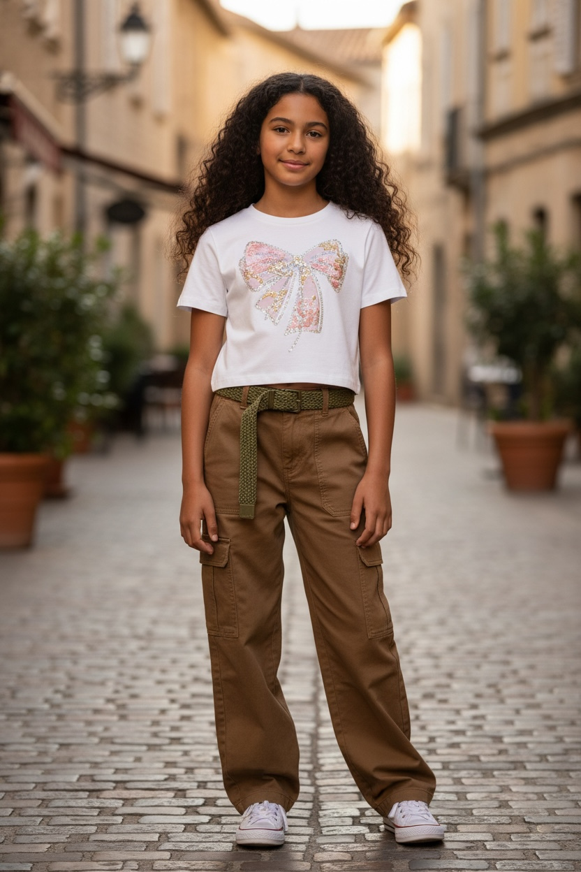 Crop Tee w/ Bow Patch & Rhinestone