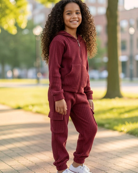 Young girl in a red ribbed tracksuit standing on a sidewalk with trees and buildings in the background.