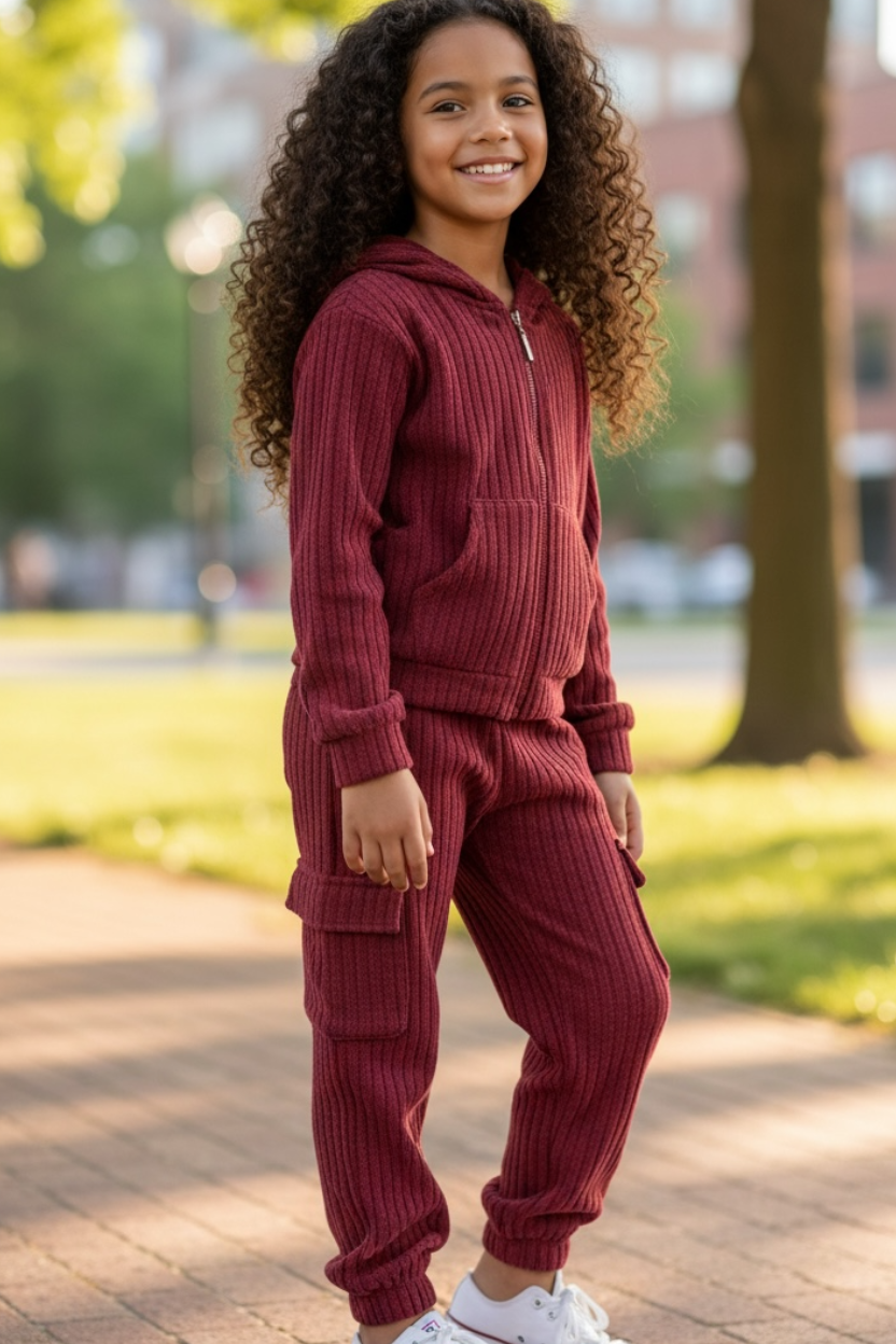 Young girl in a red ribbed tracksuit standing on a sidewalk with trees and buildings in the background.