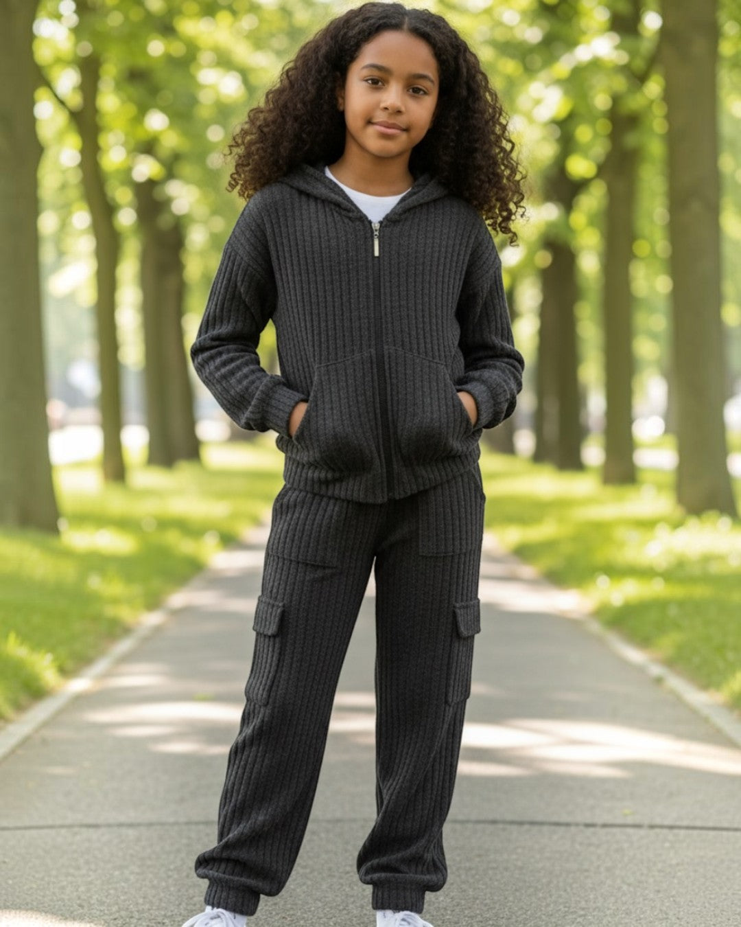 Child wearing a dark gray tracksuit standing on a path with trees in the background