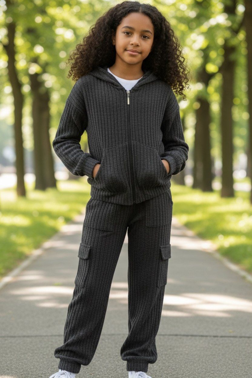 Child wearing a dark gray tracksuit standing on a path with trees in the background