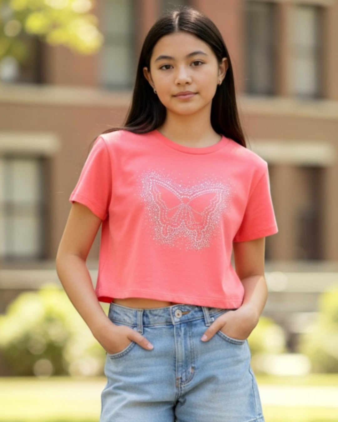 Young woman wearing a pink t-shirt and denim shorts standing outdoors with a blurred building in the background.