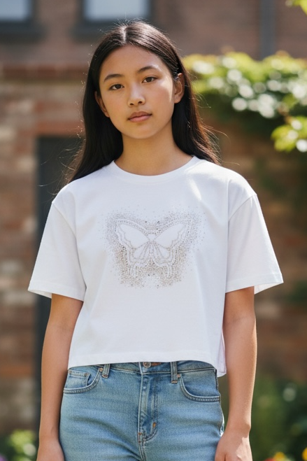 Woman wearing a white t-shirt with a graphic design and blue jeans standing in a garden.