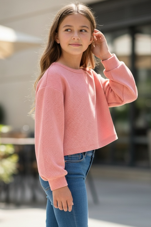 Young girl wearing a pink sweater and blue jeans standing outdoors.