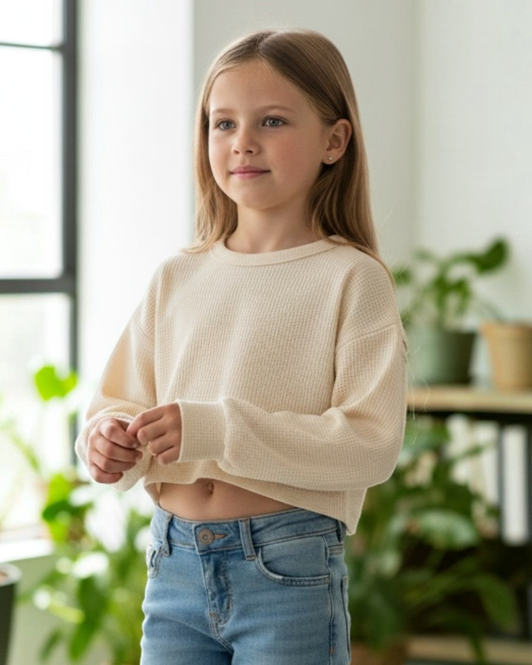 Young girl standing in a room with plants and a bookshelf.
