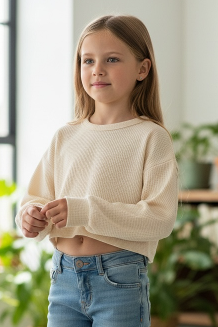 Young girl standing in a room with plants and a bookshelf.