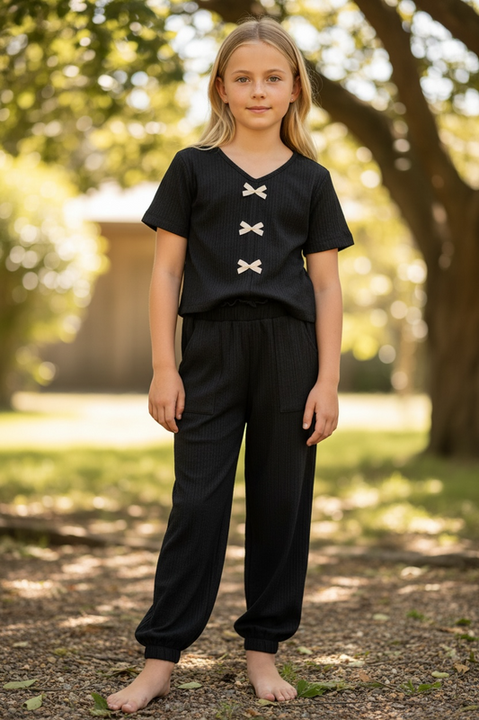 Girl's 2 pc Crinkle Plisse Pant Set w/Bow