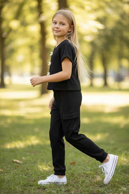 Girl's 2 pc Crinkle Plisse Pant Set w/Bow