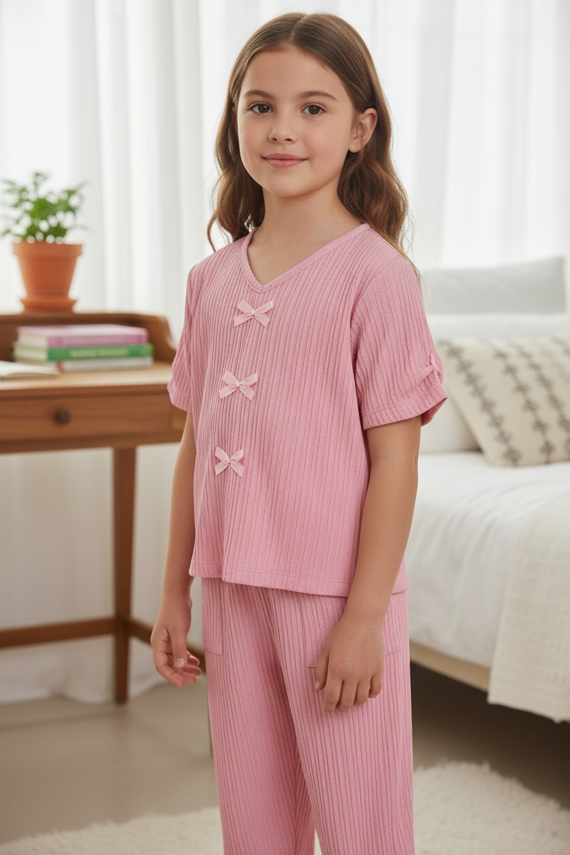 Girl's 2 pc Crinkle Plisse Pant Set w/Bow