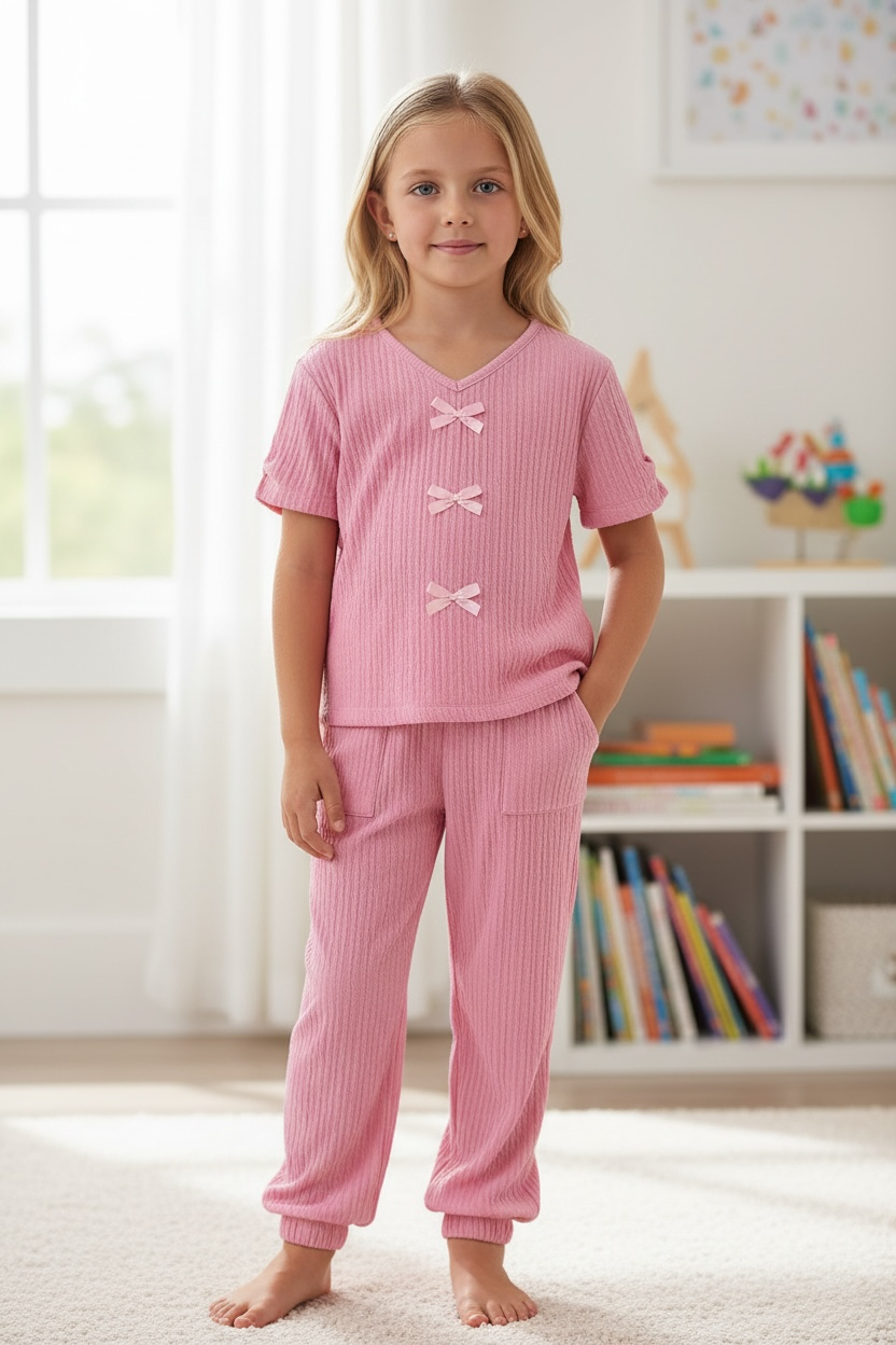 Girl's 2 pc Crinkle Plisse Pant Set w/Bow