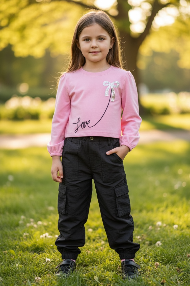 Young girl in a pink shirt and black pants standing in a park.