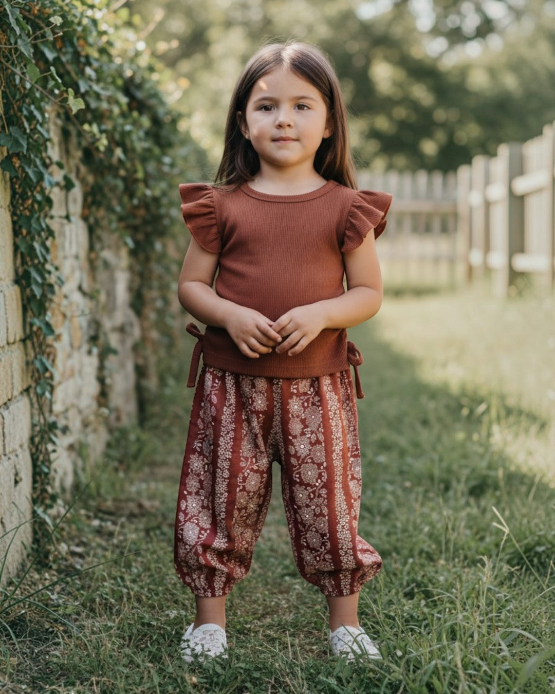 Young girl standing outdoors in a natural setting wearing a rust-colored top and patterned pants.
