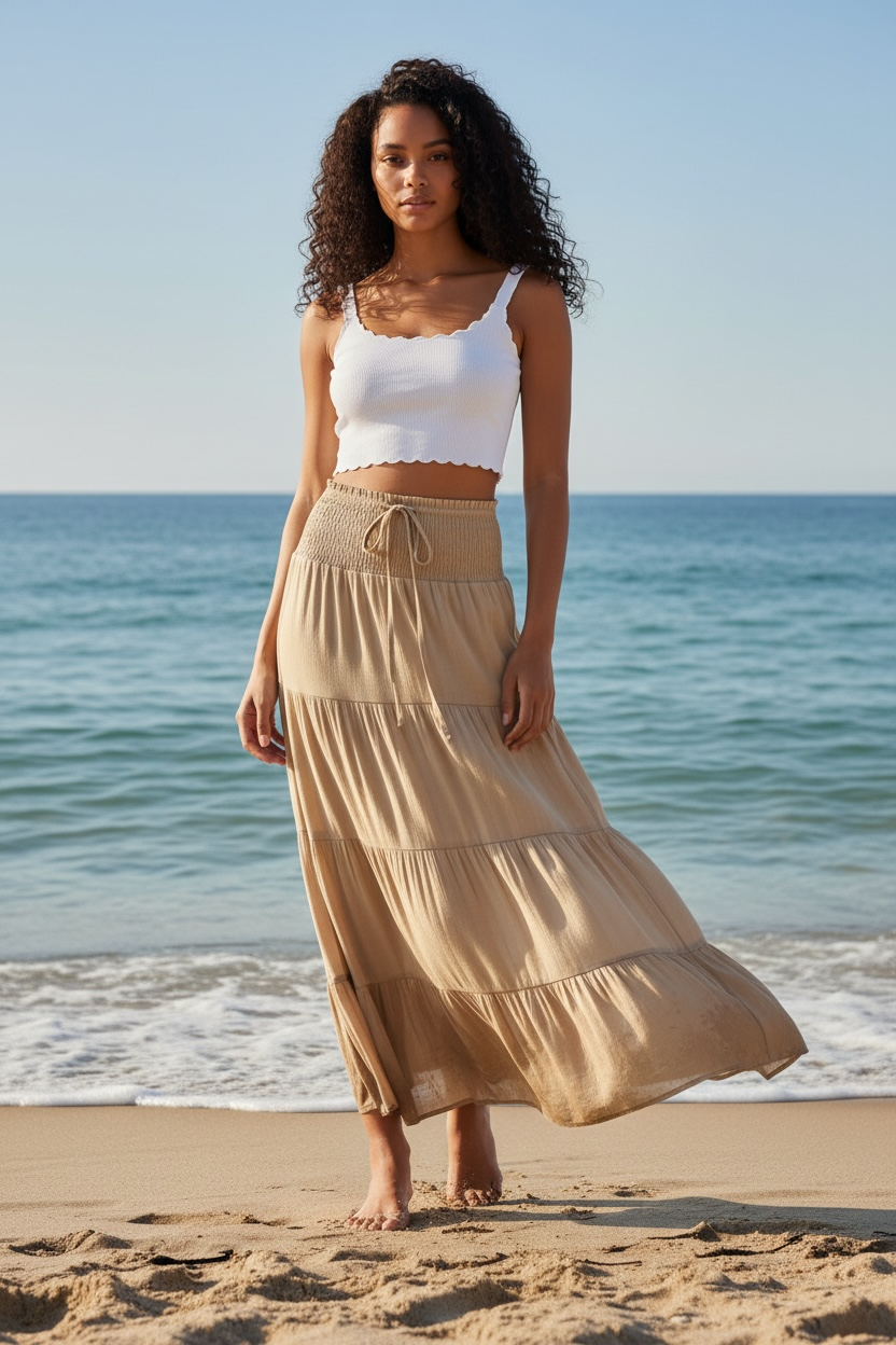 Ivory Smocked Tiered Maxi Skirt
