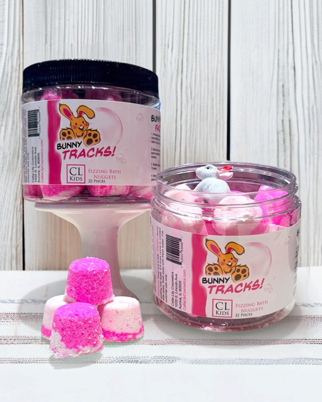 Calla Lily Cosmetics + CL kids Bunny Tracks cotton candy scented bath nuggets in clear jars with a toy bunny