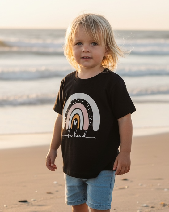 Child standing on a beach wearing a black t-shirt with a rainbow design.