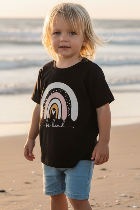 Child standing on a beach wearing a black t-shirt with a rainbow design.