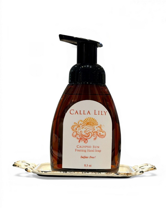 Calla Lily Cosmetics + CL kids Calypso Sun foaming hand soap in an 8oz amber bottle with a black pump dispenser.