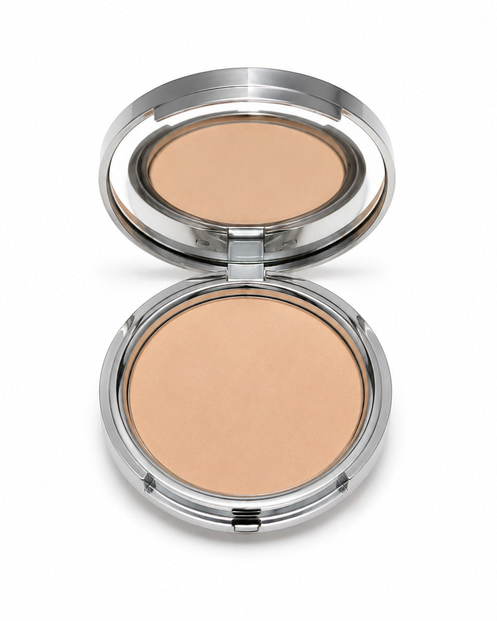 Compact powder in a silver case on a white background