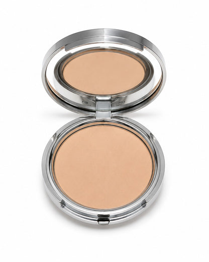 Compact powder in a silver case on a white background