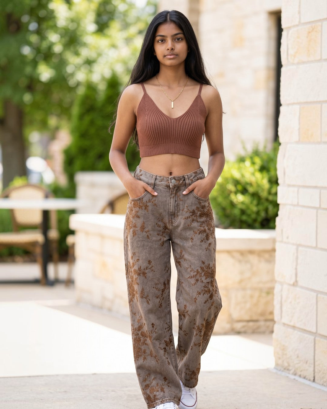 Vintage Floral Jacquard Wide Leg Denim Pants