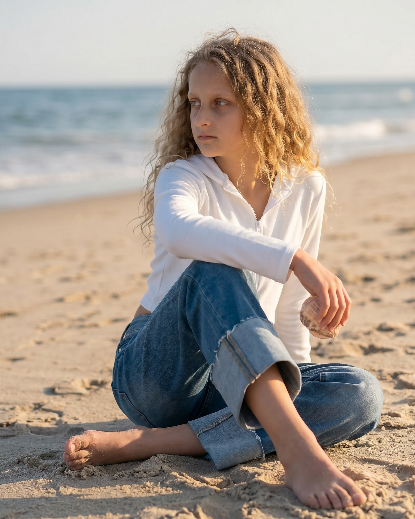 Young girl sitting on the sand at the beach