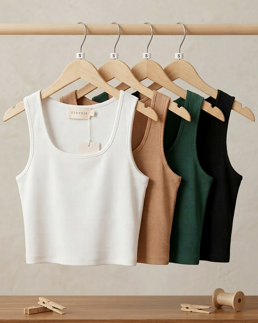 Four tank tops in white, brown, green, and black hanging on a rack against a beige wall.
