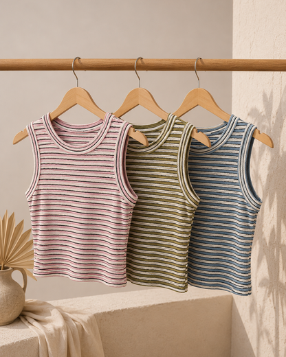 Three striped tank tops hanging on a rack against a neutral background