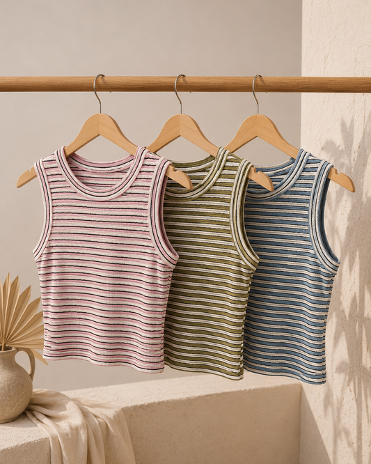 Three striped tank tops hanging on a rack against a neutral background