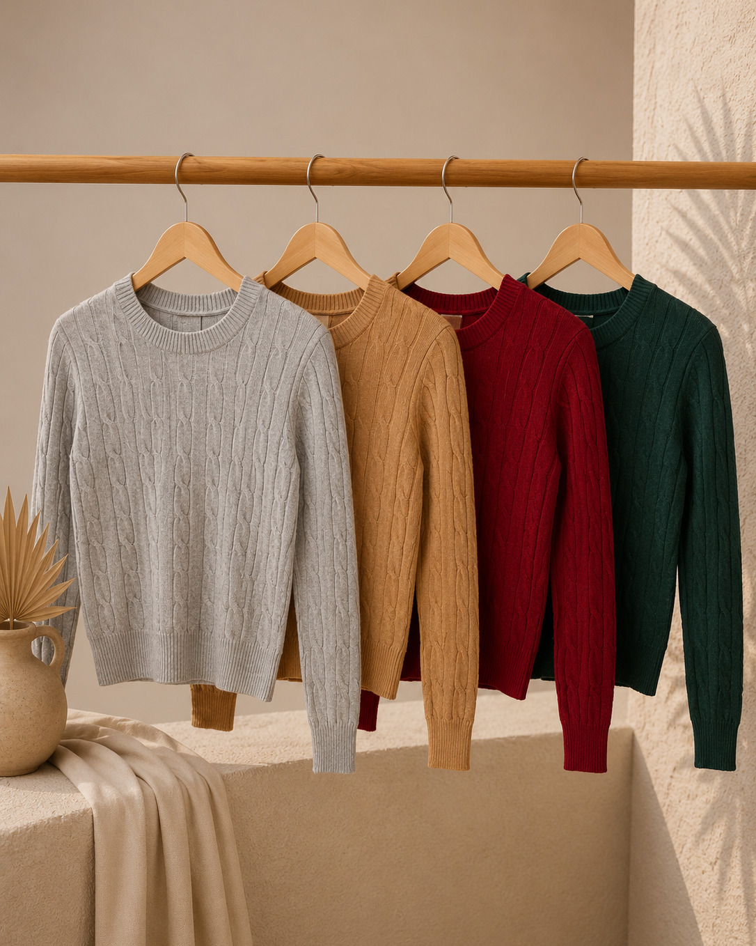 Four sweaters in gray, brown, red, and green hanging on a rack against a beige wall.