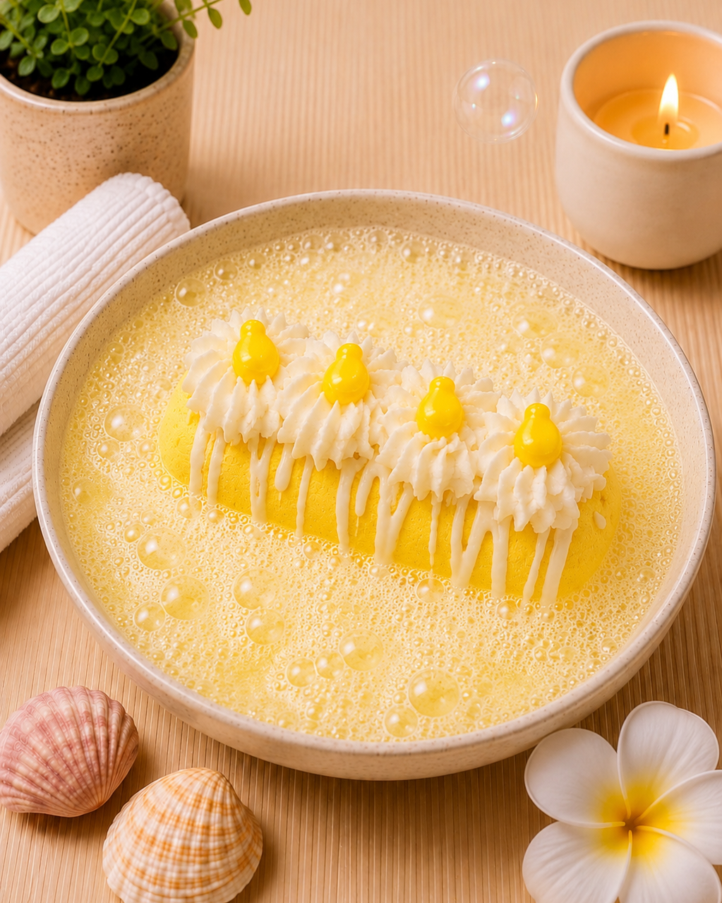 A yellow frothy dessert or soap bar in a round beige bowl, decorated with white piped swirls and three small yellow centers, styled on a wooden surface with shells, a candle, a plant, and a flower.