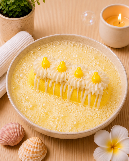 A yellow frothy dessert or soap bar in a round beige bowl, decorated with white piped swirls and three small yellow centers, styled on a wooden surface with shells, a candle, a plant, and a flower.