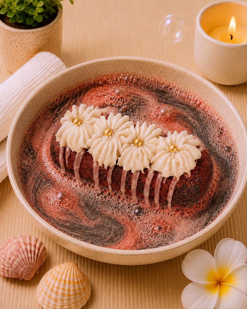 A decorative bowl of marbled pink and dark red liquid with five piped white flower-shaped decorations on top, styled on a beige surface with shells, a small plant, a candle, and a flower.