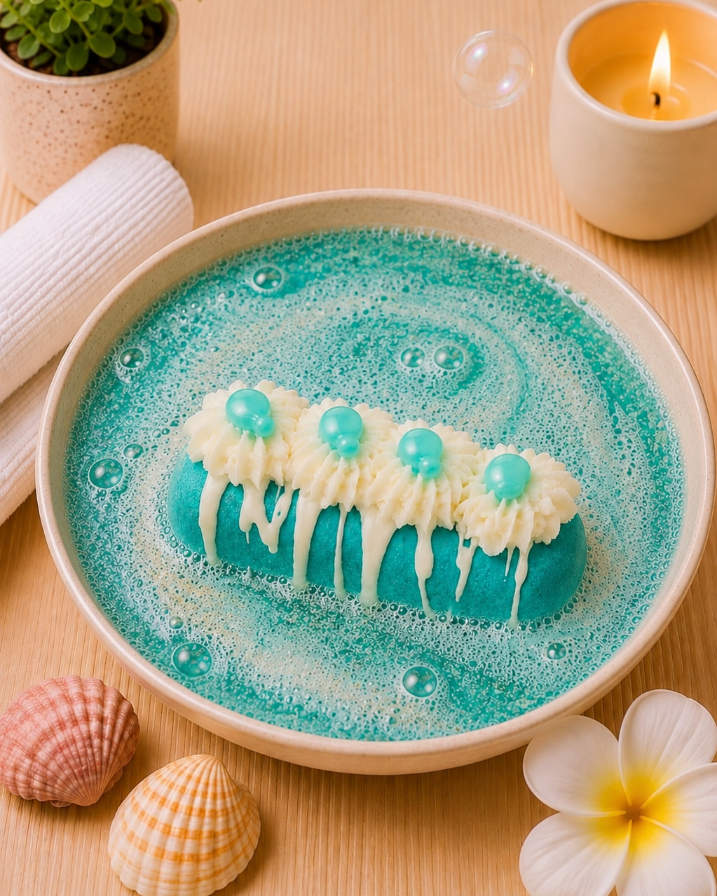 A blue cake or dessert topped with white frosting and turquoise decorations, presented in a shallow bowl on a wooden surface with spa-style props including shells, a candle, bubbles, and a small plant.