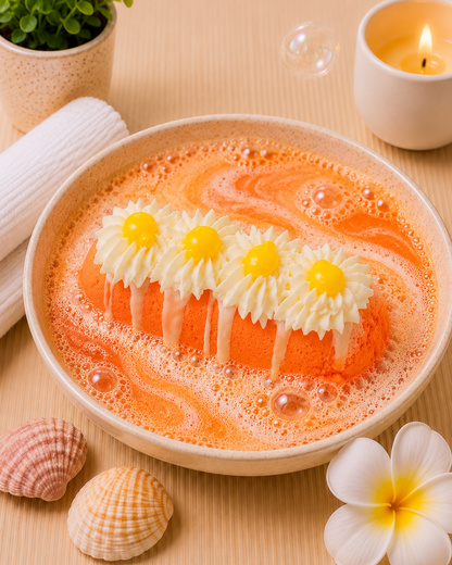 A frosted orange cake or dessert in a round beige bowl, decorated with four white piped flower tops and yellow centers, set on a beige tabletop with shells, a small plant, a candle, and a white towel.