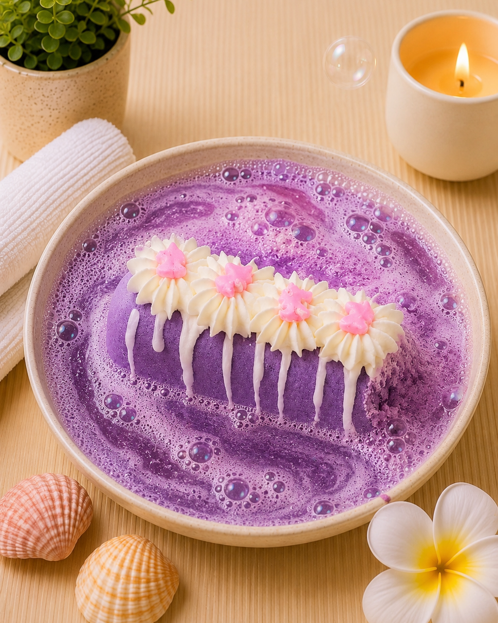 A purple foaming bath bomb or bath soak displayed in a beige bowl, decorated with four white piped flower shapes topped with pink centers. The scene is styled with seashells, a small potted plant, a lit candle, and a white flower on a light wood surface.
