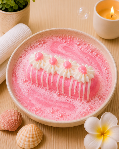 A pink bath bomb or bath soak bar wrapped in white foil, placed in a bowl of pink bubbly bath water, surrounded by seashells, a white flower, a rolled towel, a small potted plant, and a lit candle on a light wood surface.