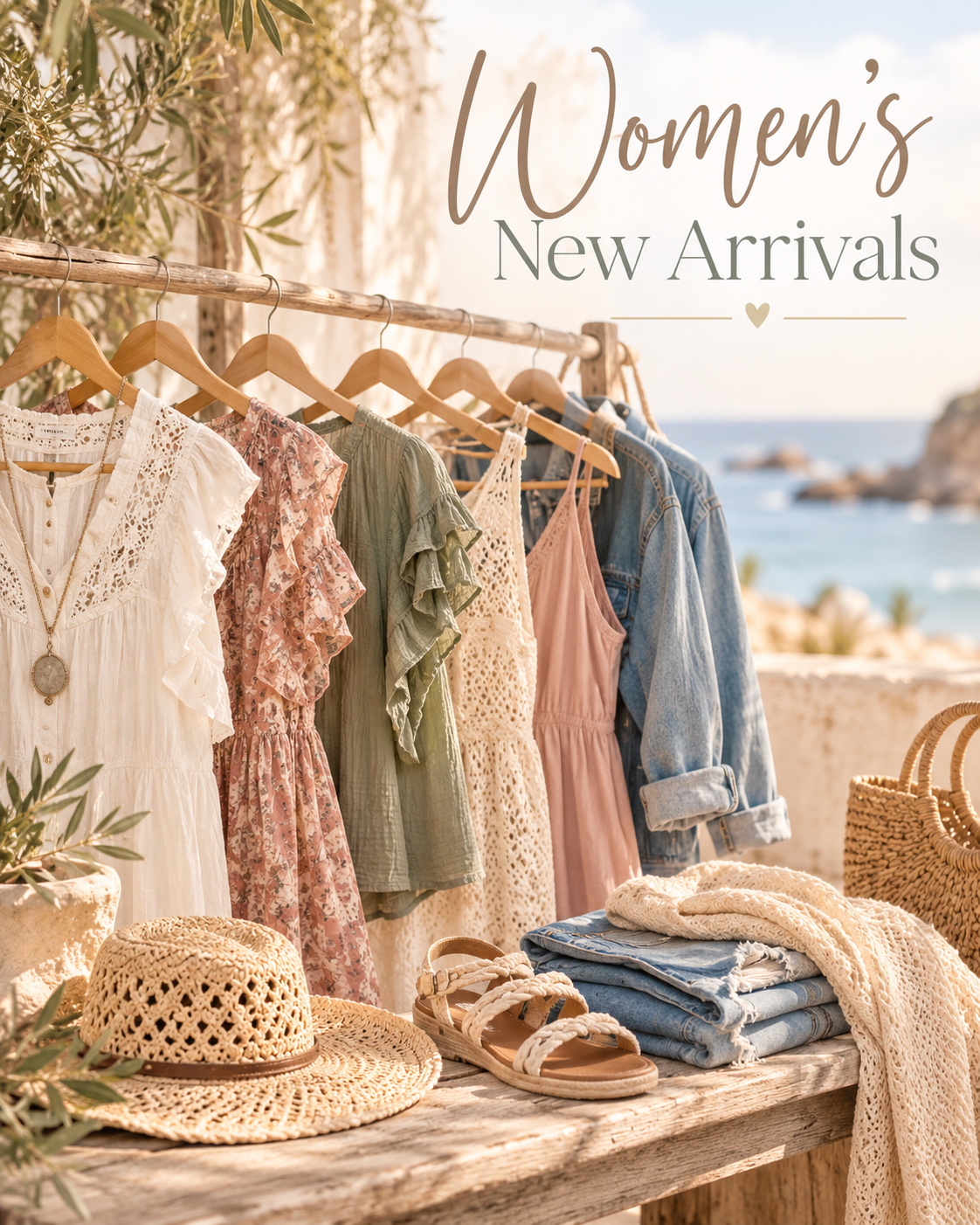 A styled clothing display for women's new arrivals, featuring a wooden rack with a white lace dress, a pink floral dress, an olive green ruffle top, a cream lace dress, a pink sleeveless top, and a blue denim shirt, alongside folded jeans, sandals, a straw hat, and a cream knit scarf, set against a sunny coastal background with the text 'Women's New Arrivals' overlaid at the top.