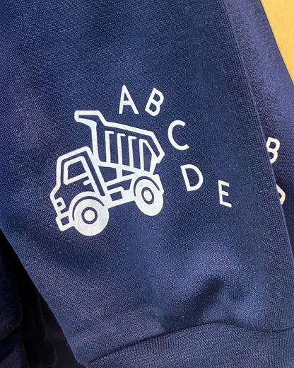 Navy blue fabric with white logo and text