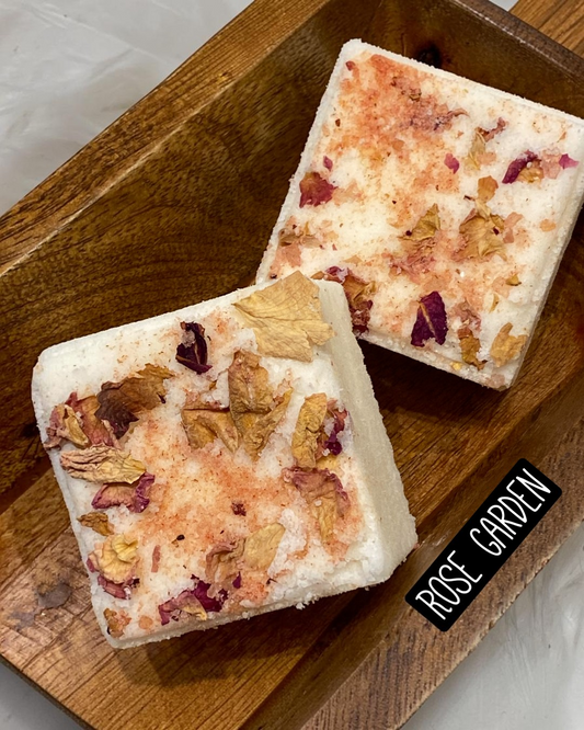 Calla Lily Cosmetics + CL kids square goat milk bath bomb in Rose Garden scent topped with dried rose petals