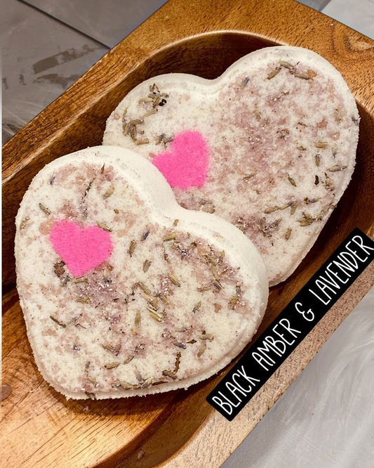 Calla Lily Cosmetics + CL kids heart-shaped goat milk bath bomb with lavender buds and a pink heart accent