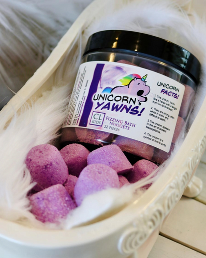 Calla Lily Cosmetics + CL kids Unicorn Yawns grape soda scented purple bath nuggets in a jar with unicorn label