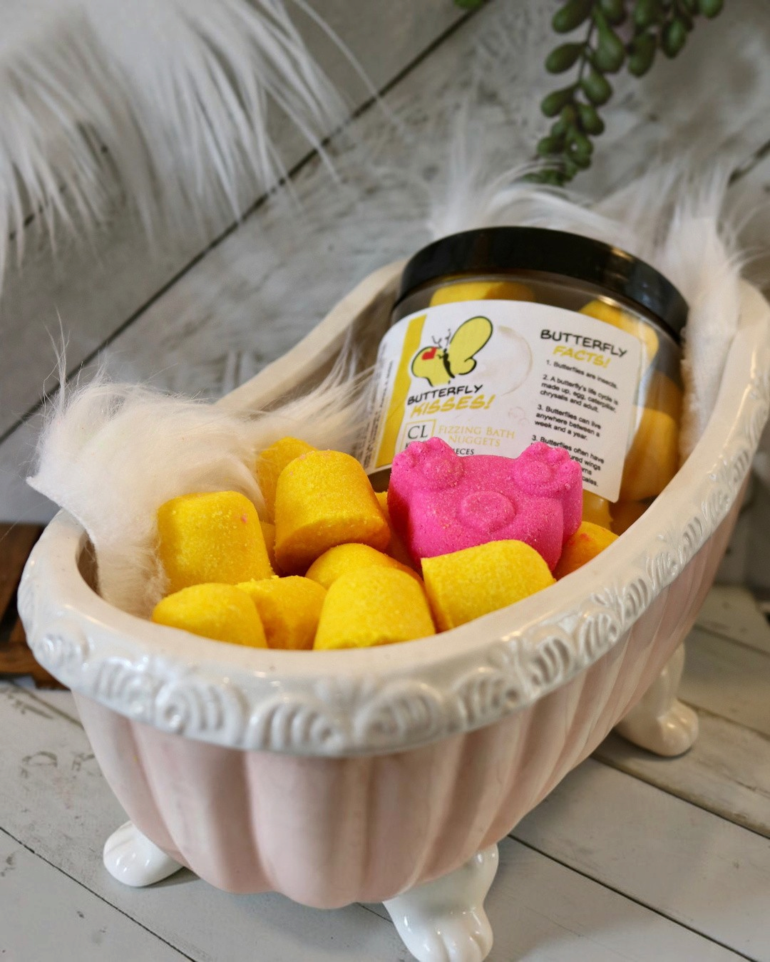 Calla Lily Cosmetics + CL kids Butterfly Kisses pineapple scented yellow and pink bath nuggets in a miniature tub