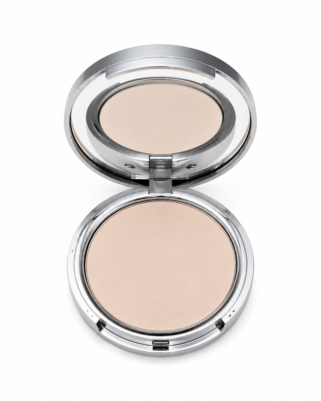Compact powder in a silver case on a white background