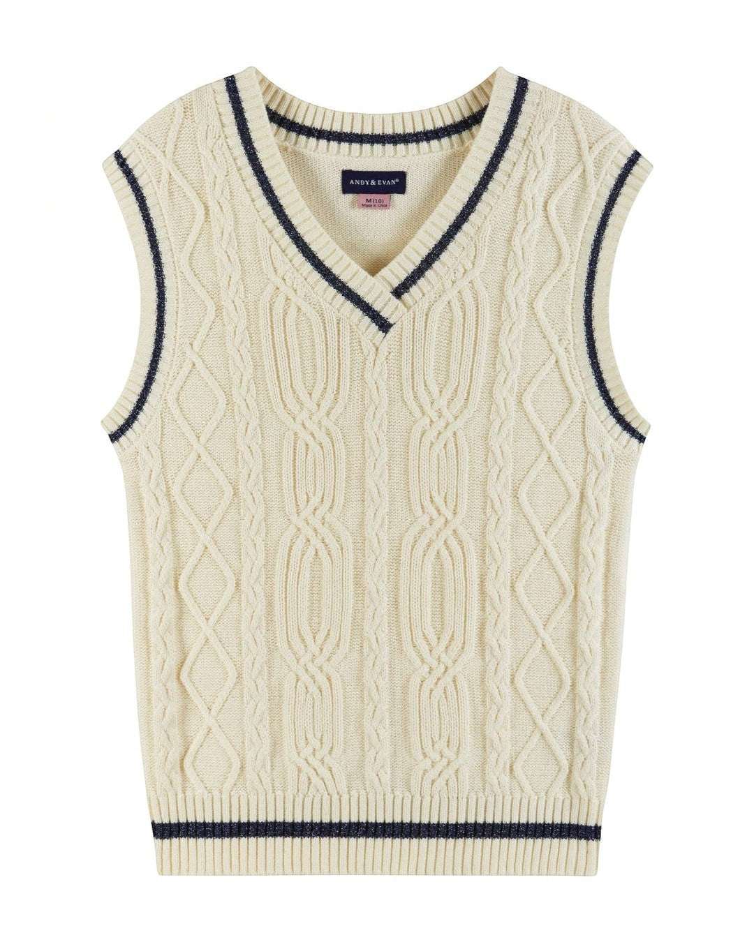 Cream-colored cable knit sleeveless sweater vest with navy trim on a white background