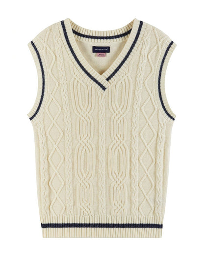 Cream-colored cable knit sleeveless sweater vest with navy trim on a white background