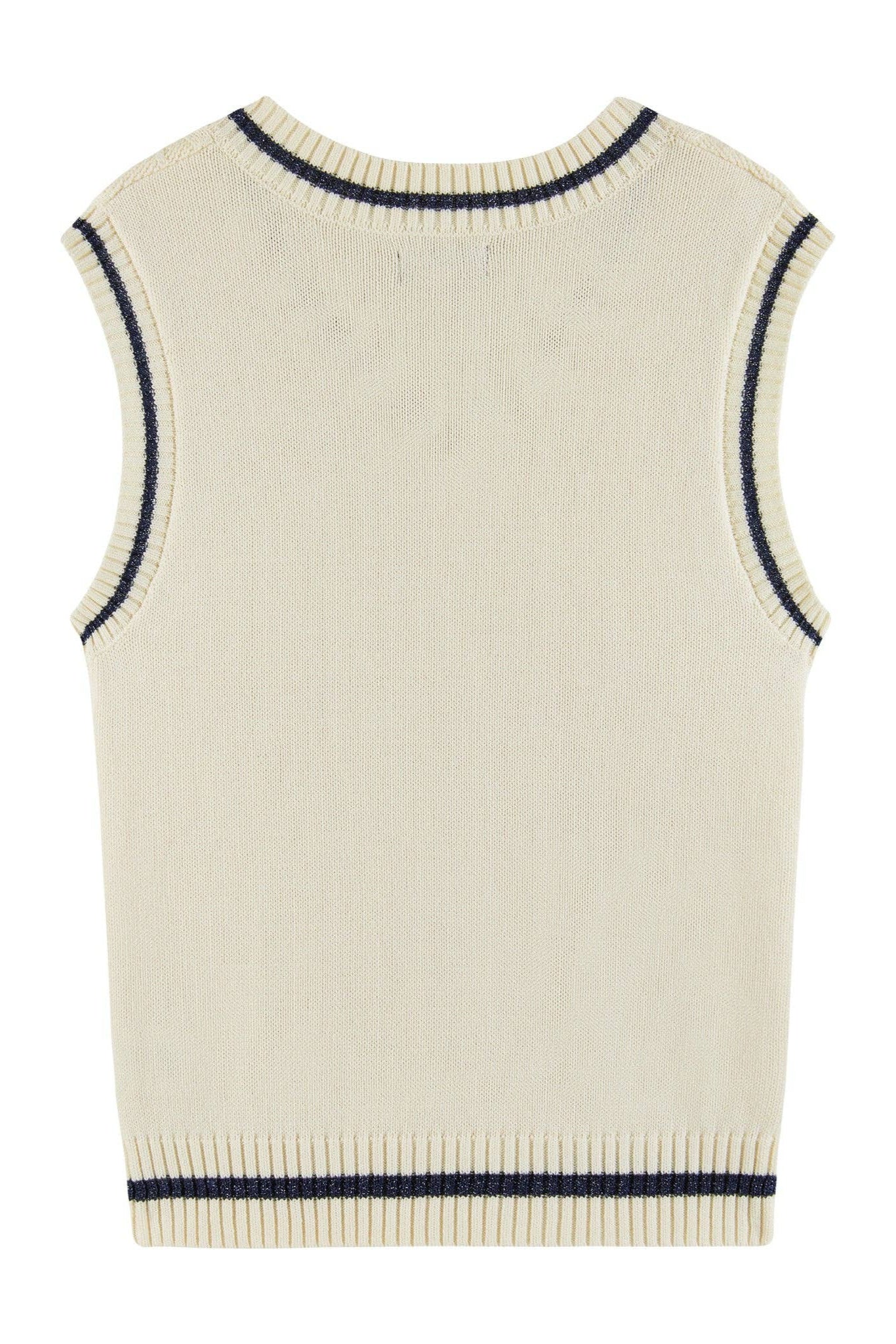 Beige sleeveless knit vest with navy trim on a white background