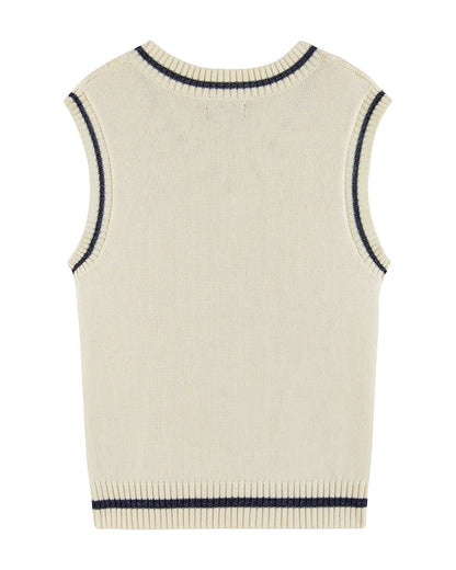 Beige sleeveless knit vest with navy trim on a white background